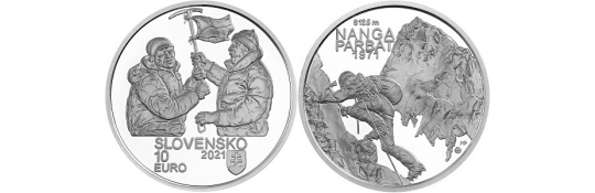 Emisný deň - Strieborná zberateľská eurominca v nominálnej hodnote 10 eur Zdolanie prvej osemtisícovej hory (Nanga Parbat) slovenskými horolezcami - 50. výročie
