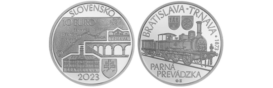 Pozvánka - predaj 10€ mince - Spustenie parnej prevádzky na železničnej trati Bratislava - Trnava - 150. výročie
