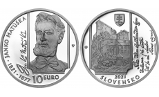 Strieborná minca 10 € (2021) proof - Janko Matúška - 200. výročie narodenia