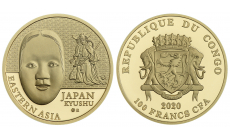 Zlatá minca 100 Francs CFA - Japonsko -  Rituálne masky regiónov sveta 