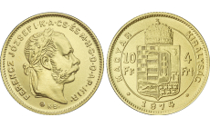 Zlatá medaila - Kremnické razby Františka Jozefa - 4-zlatník (4-forint/10-frank z roku 1874) * uhorská razba