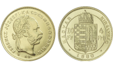 Zlatá medaila - Kremnické razby Františka Jozefa - 4-zlatník (4-forint/10-frank z roku 1880) *iný tvar hlavy