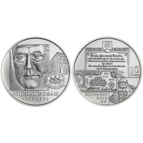 10 eur BU strieborna minca s portretom Michala Bosaka, bankovky 10$ a fragmentom originalu Pittsburskej dohody