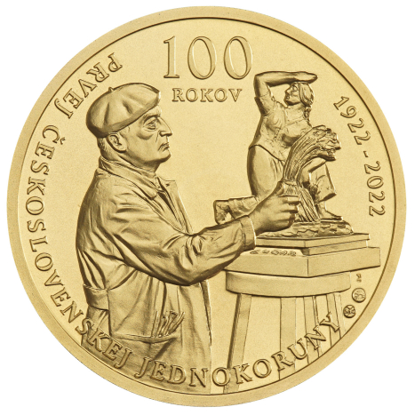Zlatá medaila - 100.výročie začatia razby prvej československej jednokorunovej mince - averz