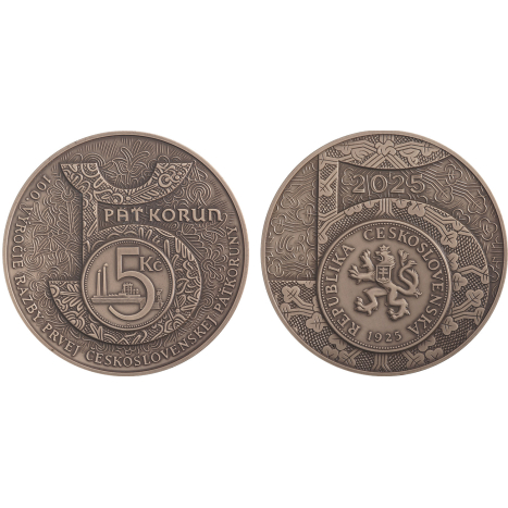 Mosadzná medaila - 100. výročie razby prvej Československej 5-koruny