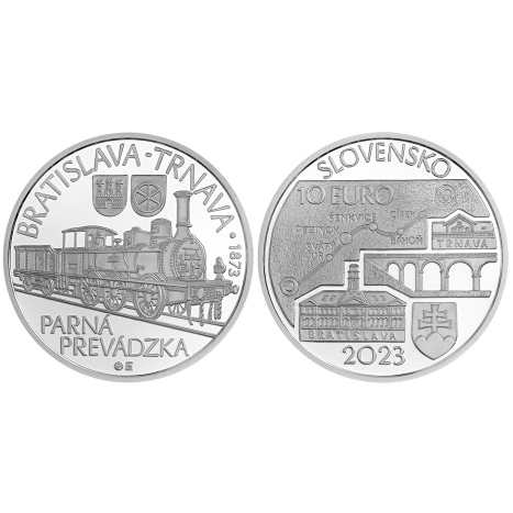 Striebporna zberatelska minca 10€ (2023) BU - Spustenie parnej prevádzky na železničnej trati Bratislava-Trnava - 150.výročie