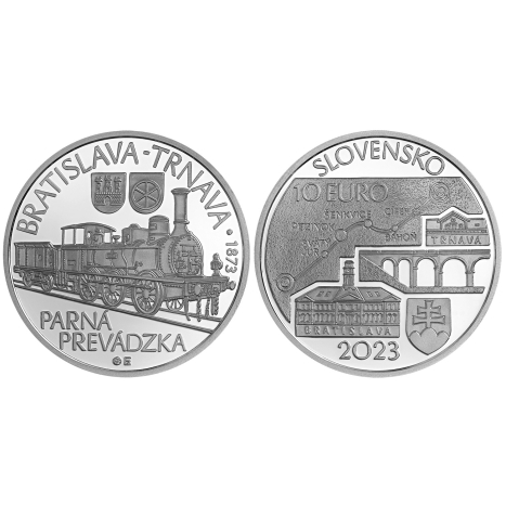 Striebporna zberatelska minca 10€ (2023) proof - Spustenie parnej prevádzky na železničnej trati Bratislava-Trnava - 150.výročie