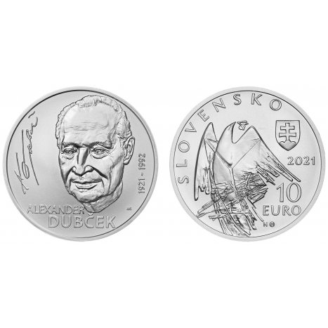 Strieborna minca 10€ BU averz reverz Alexander Dubček - 100.výročie narodenia