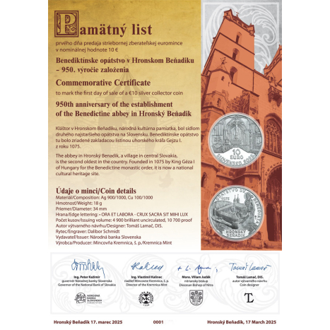 Pamätný list 10€ (2025) - Benediktínske opátstvo v Hronskom Beňadiku - 950.výročie