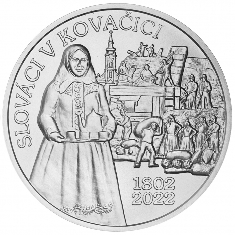 Strieborna minca 10€ 2022 BU reverz - Začiatok osídľovania Kovačice Slovákmi - 220. výročie
