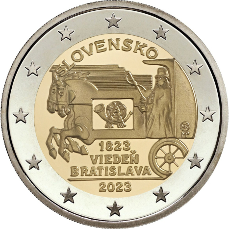 Pamätná minca 2€ (2023) - Začiatok pravidelnej expresnej pošty ťahanejkoňmi na trase Viedeň-Bratislava-200.výročie