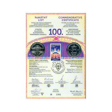 Commemorative certificate 10€/2020 - 100th anniversary of the Slovak National Theatre