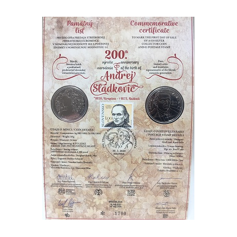 Commemorative certificate 10€/2020 - 200th anniversary of the birth of Andrej Sládkovič