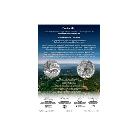 Commemorative certificate 20€/2020 - Poľana Mountains Protected Landscape Area