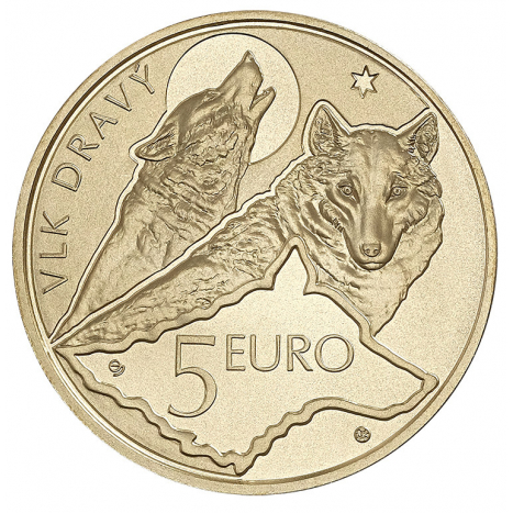 Zberateľská eurominca z obyčajných kovov v nominálnej hodnote 5 eur s tematikou Fauna a flóra na Slovensku vlk dravý