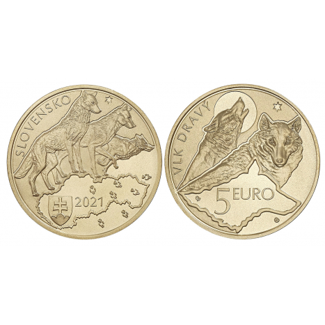 Zberateľská eurominca z obyčajných kovov v nominálnej hodnote 5 eur s tematikou Fauna a flóra na Slovensku vlk dravý