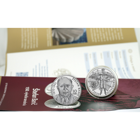 10 eur strieborna minca s portretom Stefana Banica a letakom k minci