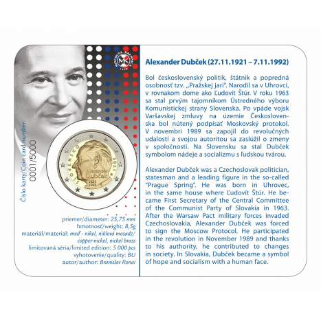 Zberateľská karta 2€ reverz - Alexander Dubček - 100.výročie narodenia