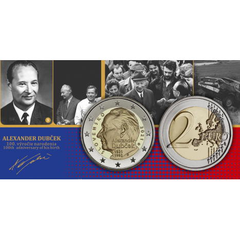 Súbor mincí Alexander Dubček - 100. výročie narodenia obal a mince portret Dubceka
