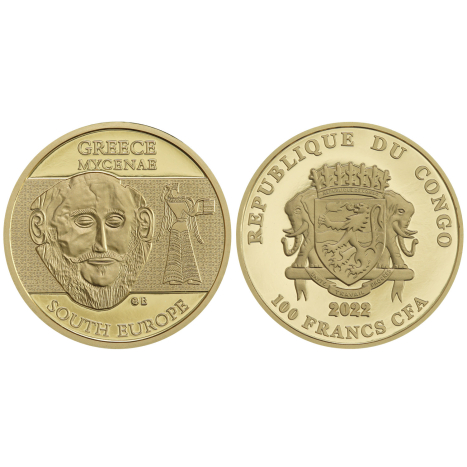 Zlatá minca 100 Francs CFA - Rituálne masky regiónov sveta III. - Grécko