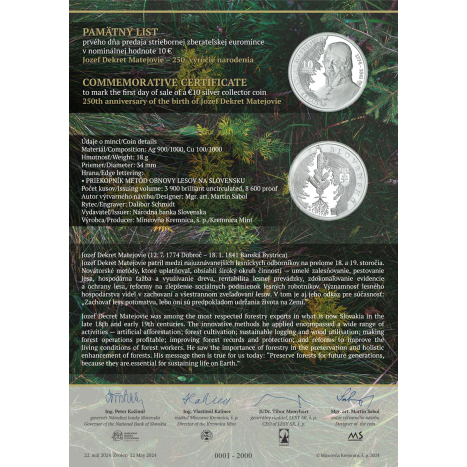 Pamätný list 10€ (2024) - Jozef Dekret Matejovie - 250.výročie narodenia