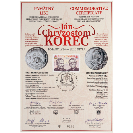 Pamätný list 10€ (2024) - Ján Chryzostom Korec - 100. výročie narodenia
