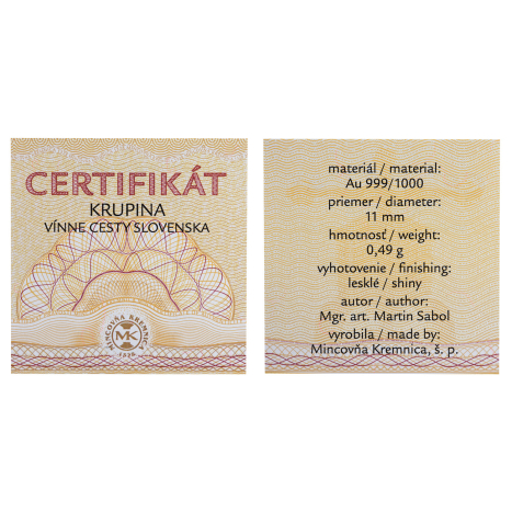 Zlatá medaila - Vínne cesty na Slovensku - Krupina - certifikat