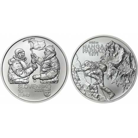 Strieborná zberateľská minca 10€ (BU vyhotovenie) Zdolanie prvej 8000ovky (Nanga Parbat) slovenskými horolezcami - 50.výročie