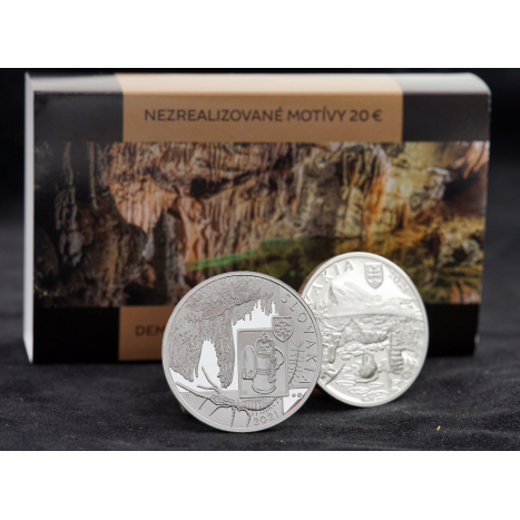Strieborna medaila a obal - Nezrealizované motívy zberateľských mincí - 20 € Objavenie Demänovskej jaskyne slobody – 100. výročie