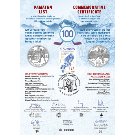 Pamätný list 10€ (2025) - Prvý medzinárodný športový turnaj na území SR-Majstrovstvá Európy v hokeji - 100. výročie