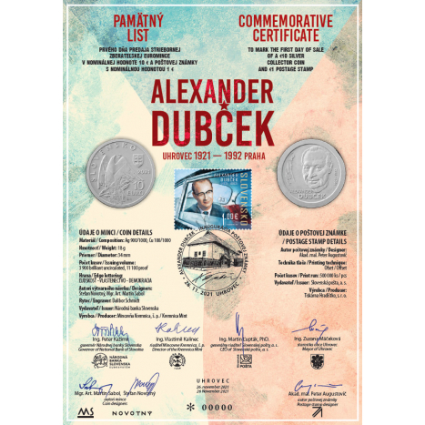 Pamätný list Alexander Dubček - 100. výročie narodenia, minca, postova znamka