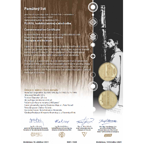 Commemorative certificate 100€/2021 - UNESCO Intangible Cultural Heritage in Slovakia The fujara and its music