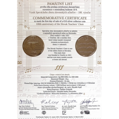 Commemorative certificate - 10€/2021 100th anniversary of the Slovak Teachers' Choir