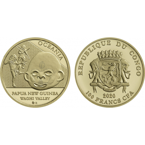 Zlatá minca 100 Francs CFA - Papua Nová Guinea -  Rituálne masky regiónov sveta