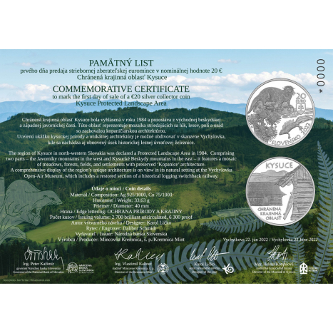 Pamätný list strieborná minca 20€ Chránená krajinná oblasť Kysuce