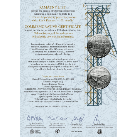Commemorative certificate 10€/2021 - 100th anniversary of the underground hydroelectric power plant in Kremnica