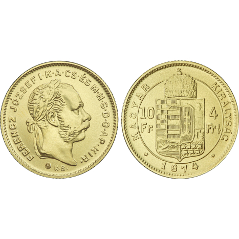 Zlatá medaila - Kremnické razby Františka Jozefa - 4-zlatník (4-forint/10-frank z roku 1874) * uhorská razba